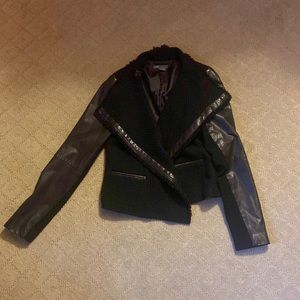 Vince black tweed jacket with leather sleeves